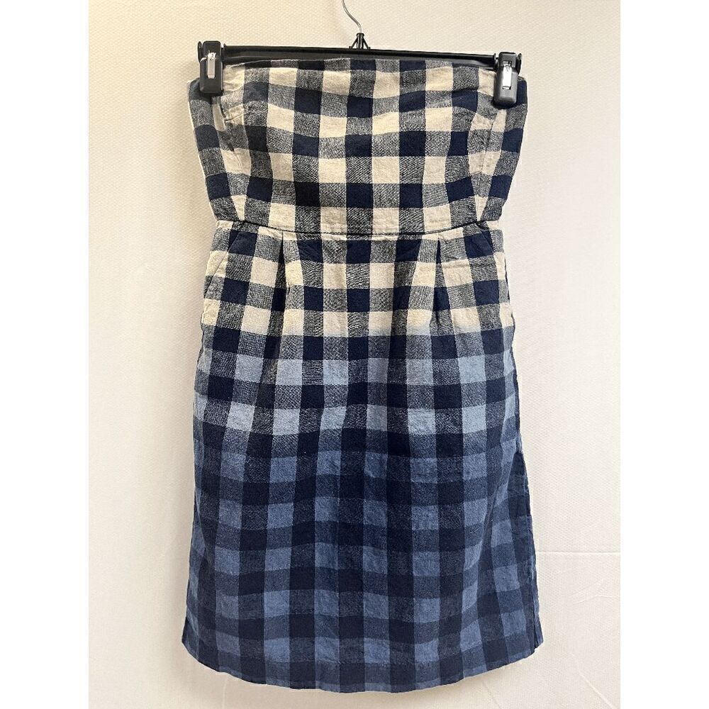 Gap Womens Blue Plaid Strapless Woven Zip Linen Cotton Lined Mini Dress Size 4 - Picture 1 of 7